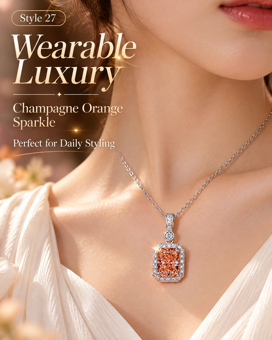 Style 27 – Elegant Champagne Orange Halo Pendant Necklace