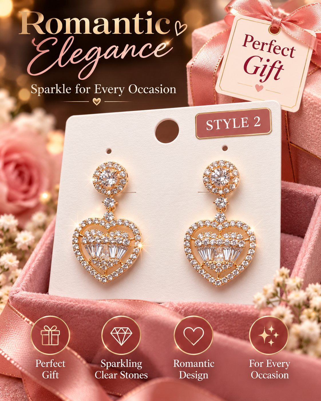 Style 2 – Elegant Rose Gold Heart Drop Earrings