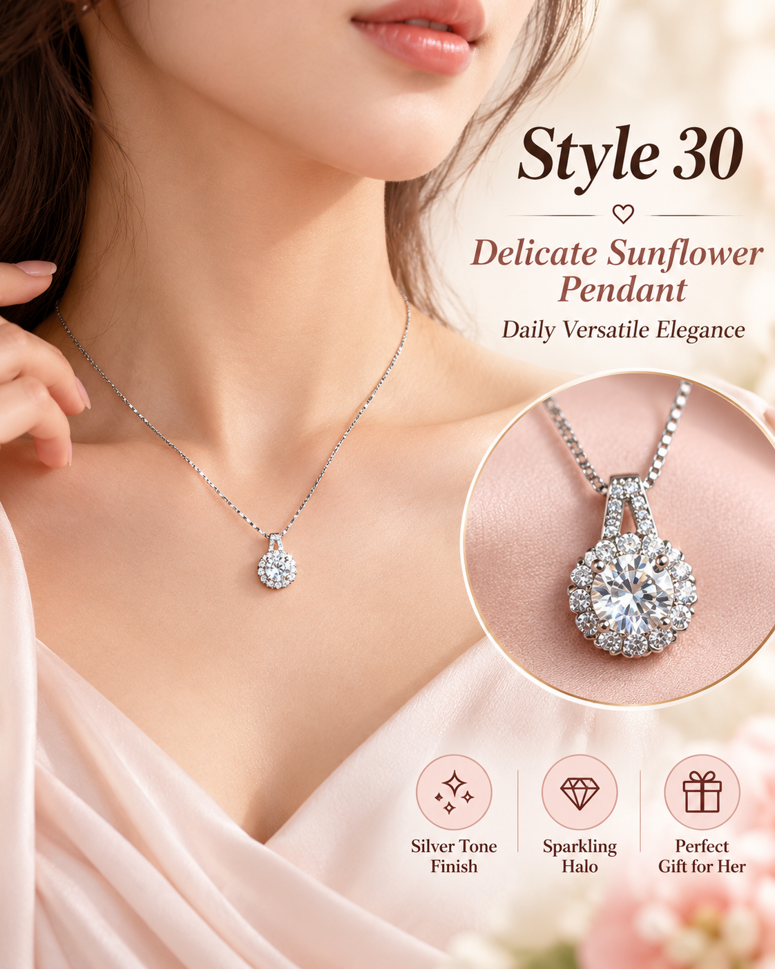 Style 30 – Elegant Silver Tone Sunflower Halo Pendant Necklace