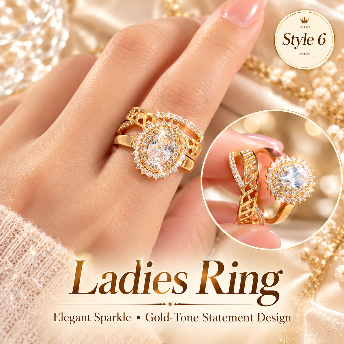✨ Style 6 – Women's Elegant Gold-Tone Oval Crystal Statement Ring 💍 Sparkling Rhinestone Halo Cocktail Ring 💖 Luxury Multi-Layer Geometric Fashion Jewelry 🎁 Perfect Gift for Her