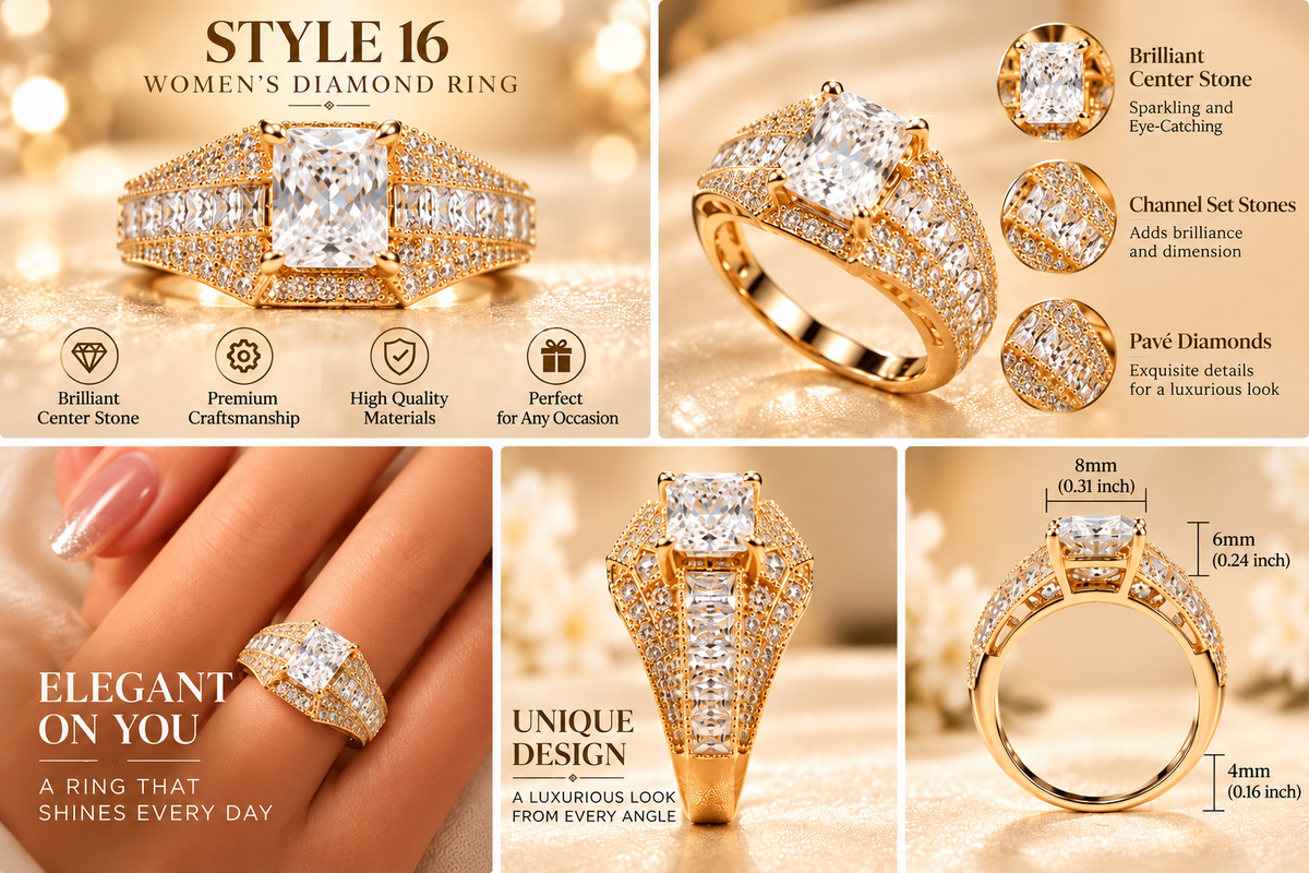 ✨ Style 16 – Women's Elegant Gold-Tone Rectangular Crystal Ring 💍 Sparkling Emerald-Cut Center Stone 💎 Channel-Set Baguette & Pavé Rhinestone Wide Band Statement Ring 💖 Luxury Fashion Jewelry 🎁 Perfect Gift for Her