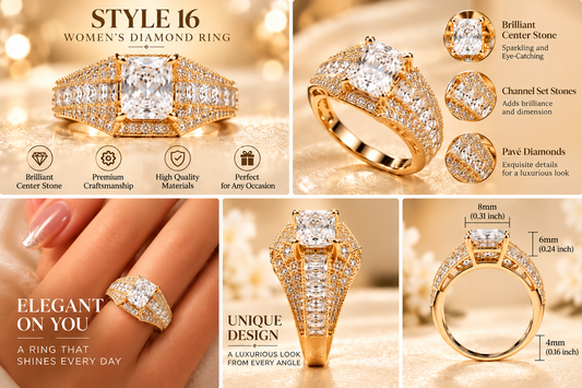 ✨ Style 16 – Women's Elegant Gold-Tone Rectangular Crystal Ring 💍 Sparkling Emerald-Cut Center Stone 💎 Channel-Set Baguette & Pavé Rhinestone Wide Band Statement Ring 💖 Luxury Fashion Jewelry 🎁 Perfect Gift for Her