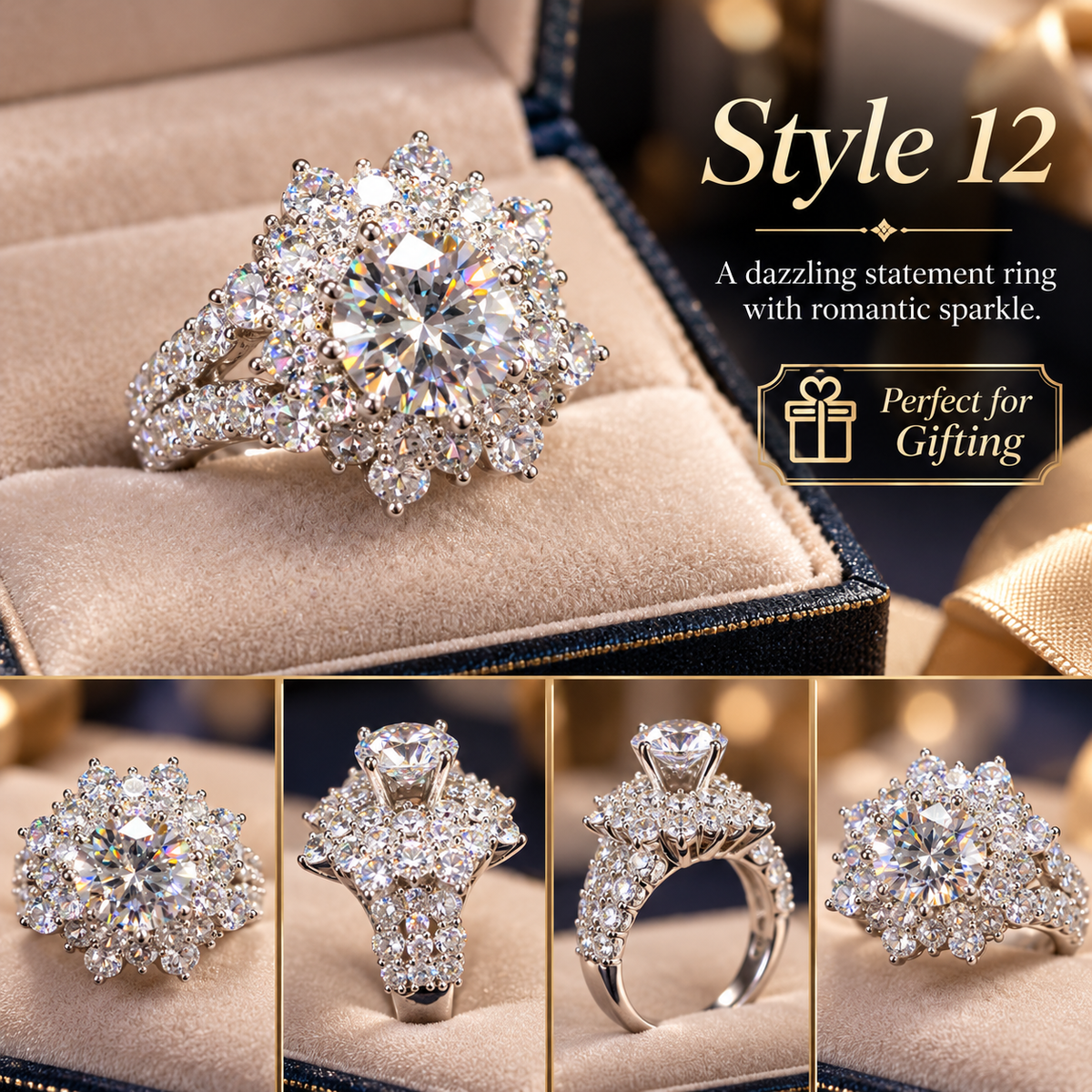 ✨ Style 12 – Women's Elegant Silver-Tone Round Crystal Statement Ring 💍 Sparkling Floral Cluster Halo Ring 💎 Multi-Layer Rhinestone Cocktail Ring 💖 Luxury Fashion Jewelry 🎁 Perfect Gift for Her