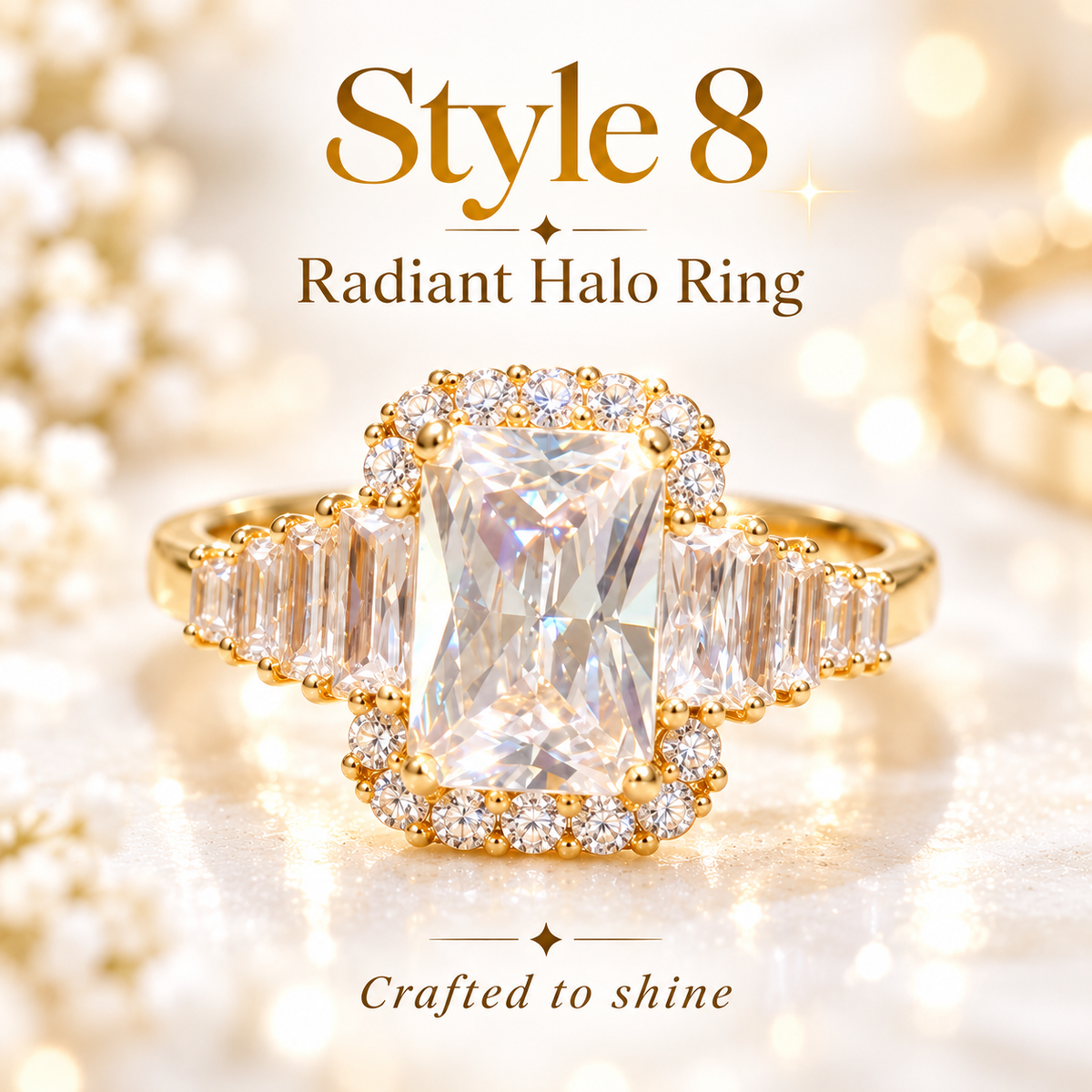 ✨ Style 8 – Women's Elegant Gold-Tone Radiant Cut Crystal Ring 💍 Sparkling Rectangular Halo Statement Ring 💎 Baguette Side Stone Engagement-Style Ring 💖 Luxury Fashion Jewelry 🎁 Perfect Gift for Her