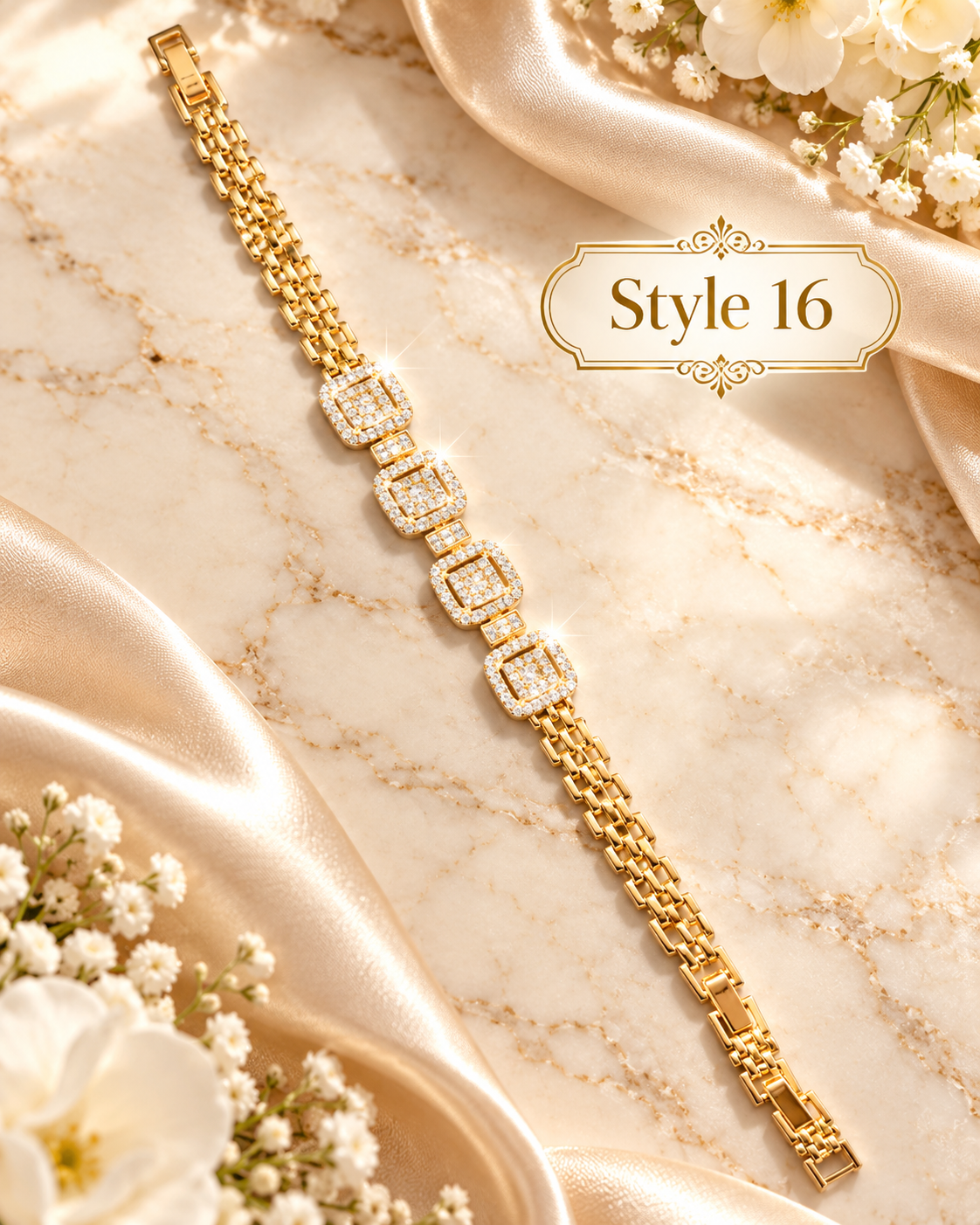 ✨ Style 16 – Women's Elegant Gold-Tone Geometric Crystal Bracelet 💎 Sparkling Square Rhinestone Link Bracelet 💖 Luxury Fashion Jewelry 🎁 Perfect Gift for Her