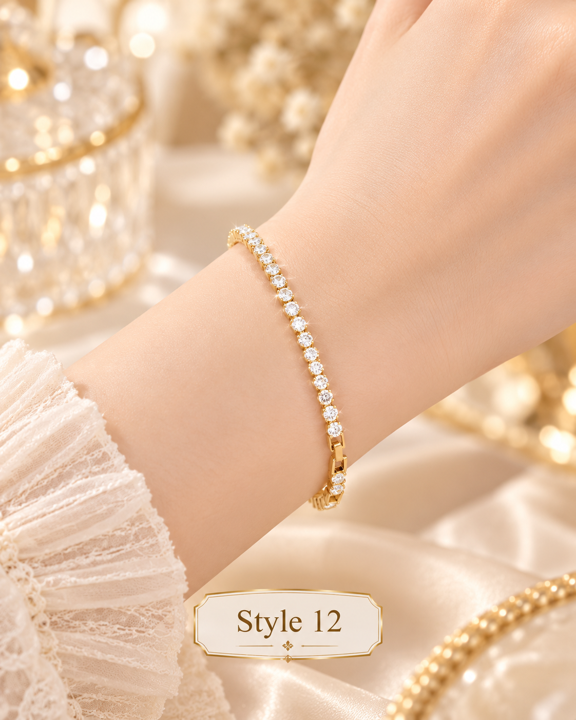✨ Style 12 – Women's Elegant Gold-Tone Cubic Zirconia Tennis Bracelet 💎 Sparkling Crystal Slim Chain Bracelet 💖 Classic Luxury Fashion Jewelry 🎁 Perfect Gift for Her
