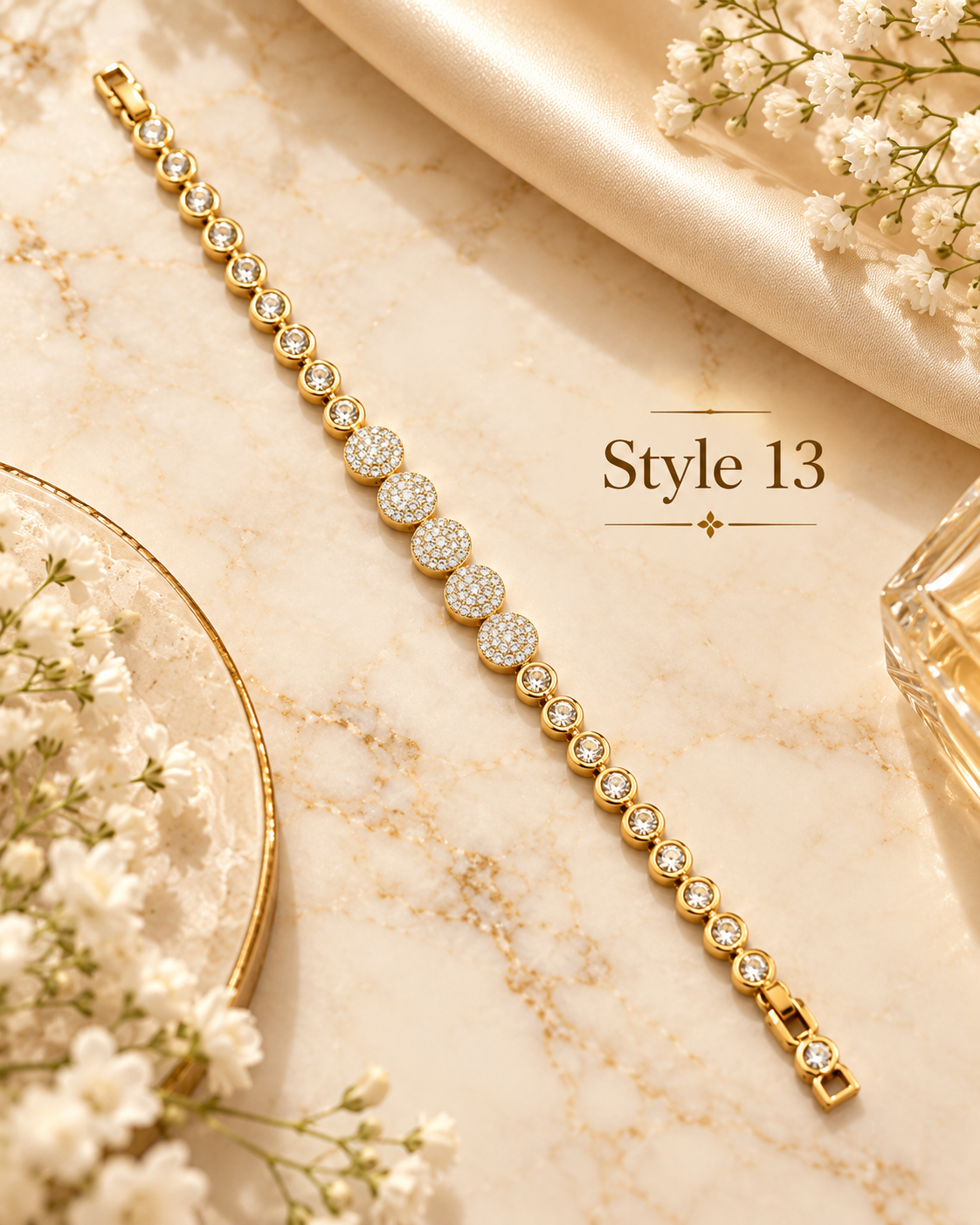 ✨ Style 13 – Women's Elegant Gold-Tone Crystal Bezel Tennis Bracelet 💎 Sparkling CZ Pavé Cluster Bracelet 💖 Luxury Fashion Jewelry 🎁 Perfect Gift for Her