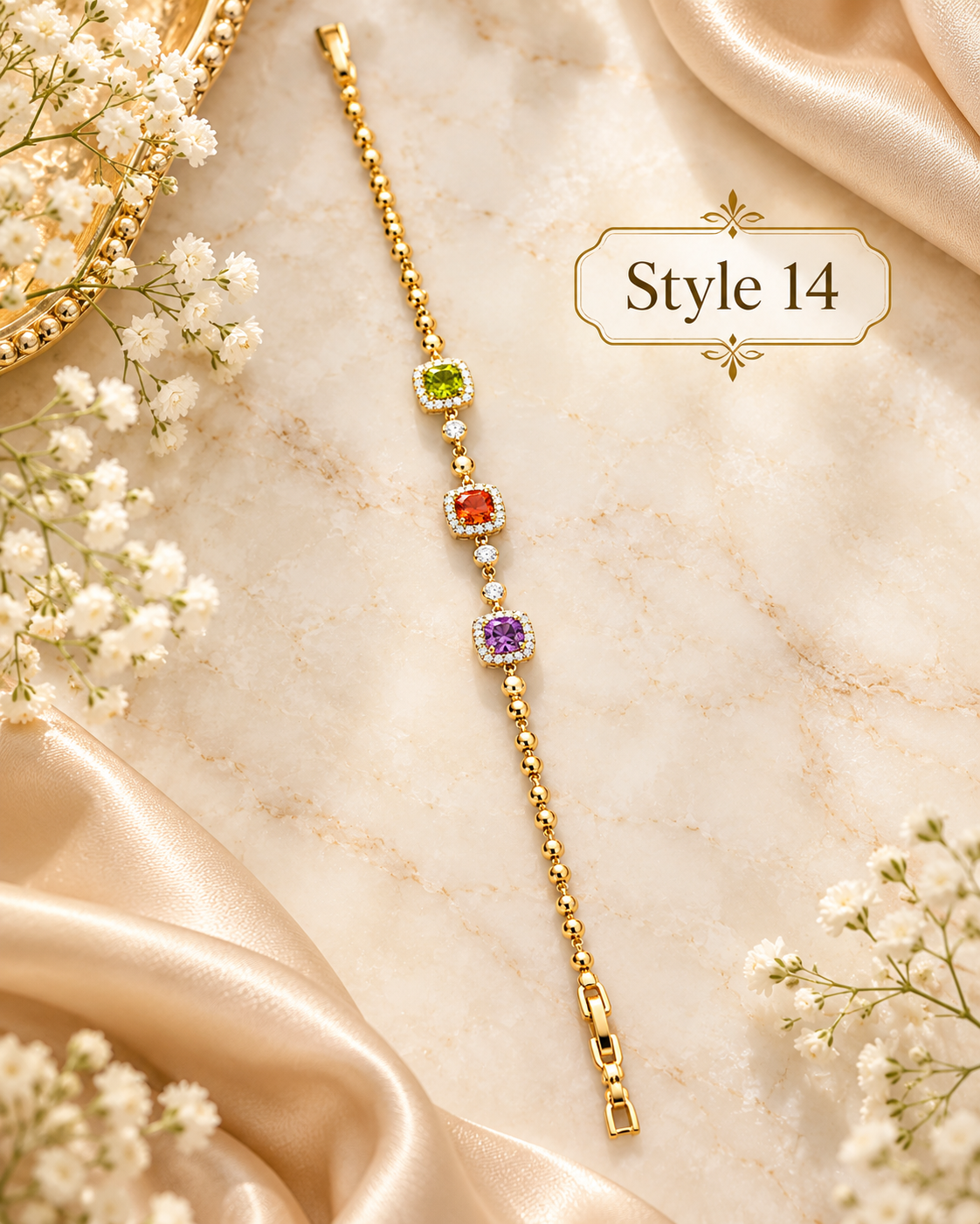 ✨ Style 14 – Women's Elegant Gold-Tone Multicolor Crystal Bracelet 🌈 Sparkling Green, Orange & Purple Gemstone-Style Bracelet 💖 Dainty Beaded Chain Jewelry 🎁 Perfect Gift for Her