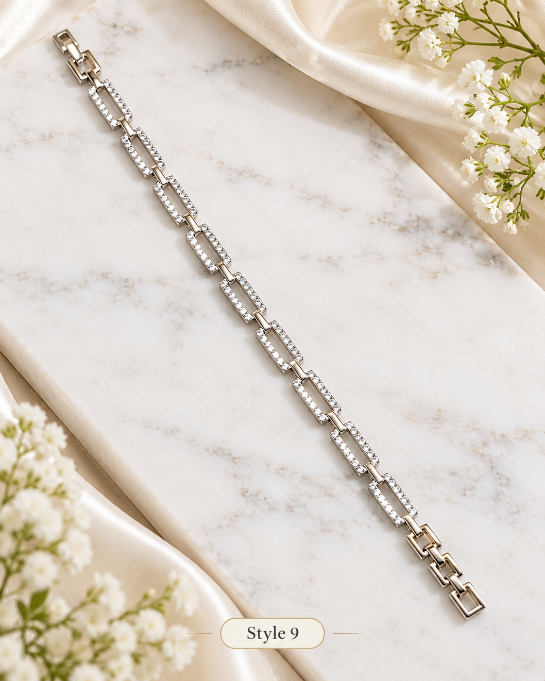 ✨ Style 9 – Women's Elegant Silver-Tone Crystal Rectangle Link Bracelet ✨ Sparkling Rhinestone Geometric Chain Bracelet 💖 Fashion Jewelry 🎁 Gift for Her