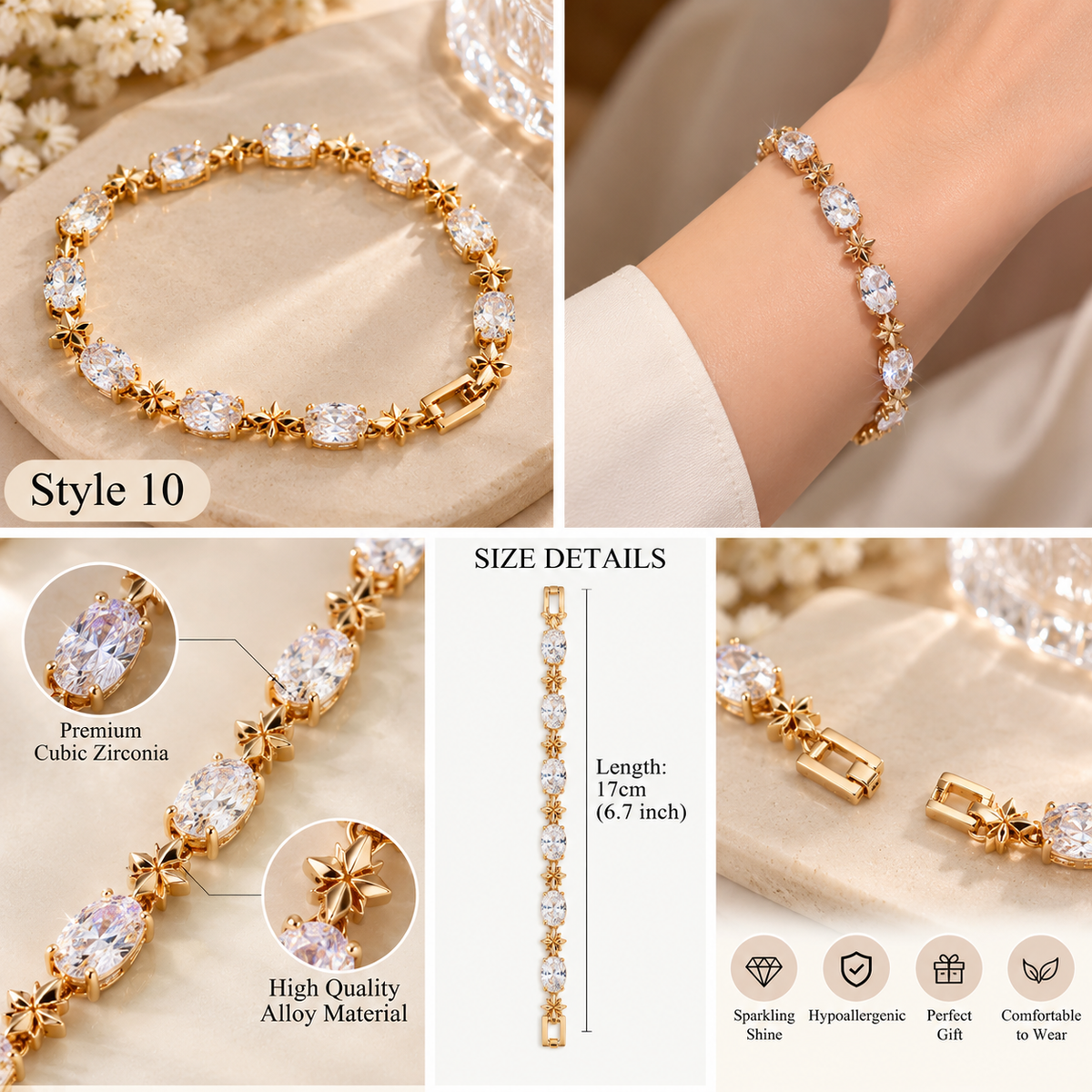 ✨ Style 10 – Women's Elegant Gold-Tone Star & Oval Cubic Zirconia Bracelet ⭐ Sparkling Crystal Tennis Bracelet 💖 Luxury Fashion Jewelry 🎁 Gift for Her