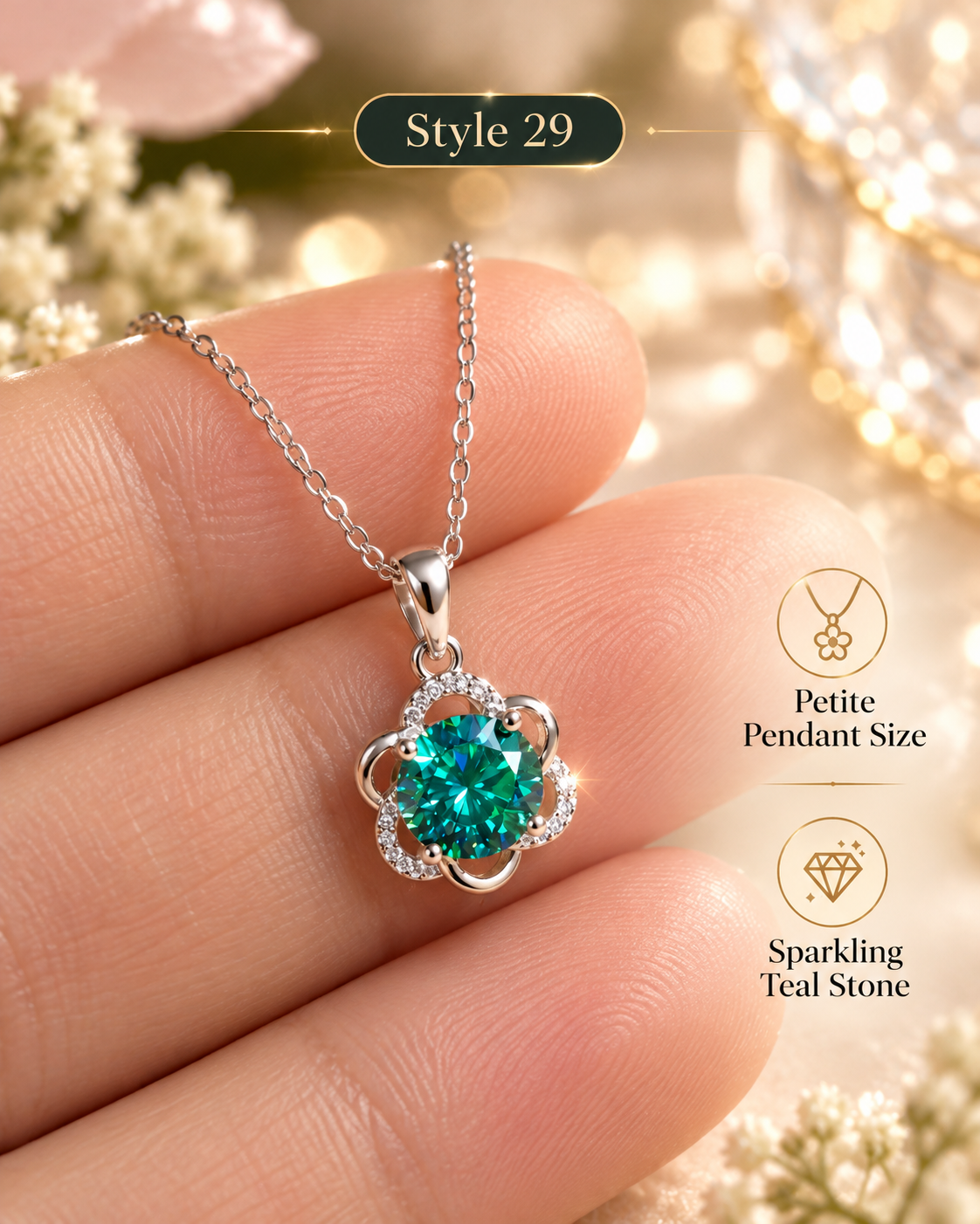 Style 29 – Elegant Teal Green Flower Pendant Necklace