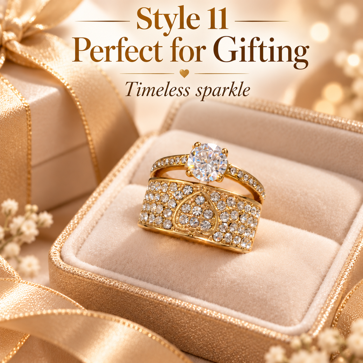 ✨ Style 11 – Women's Elegant Gold-Tone Round Crystal Ring 💍 Sparkling Heart Design Wide Band Ring 💎 Double-Layer Pavé Rhinestone Statement Jewelry 💖 Luxury Fashion Ring 🎁 Perfect Gift for Her