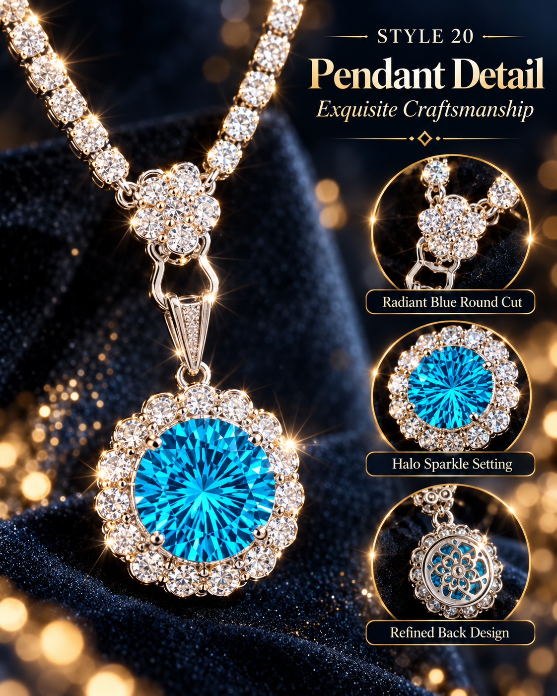 💙 Elegant Ocean Blue Floral Halo Pendant Necklace – Style 20