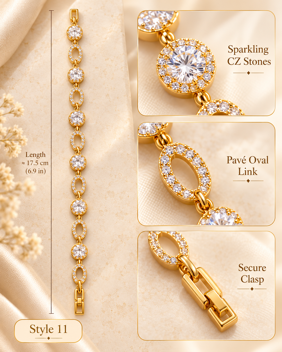 ✨ Style 11 – Women's Elegant Gold-Tone Crystal Oval & Round Link Bracelet 💎 Sparkling Rhinestone Bracelet 💖 Luxury Fashion Jewelry 🎁 Perfect Gift for Her