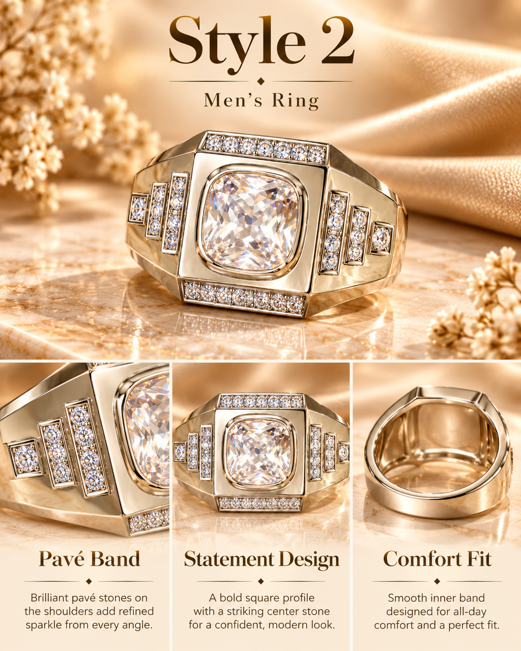 Men’s Gold Signet Ring, Bold Cushion Cut Statement Ring for Him