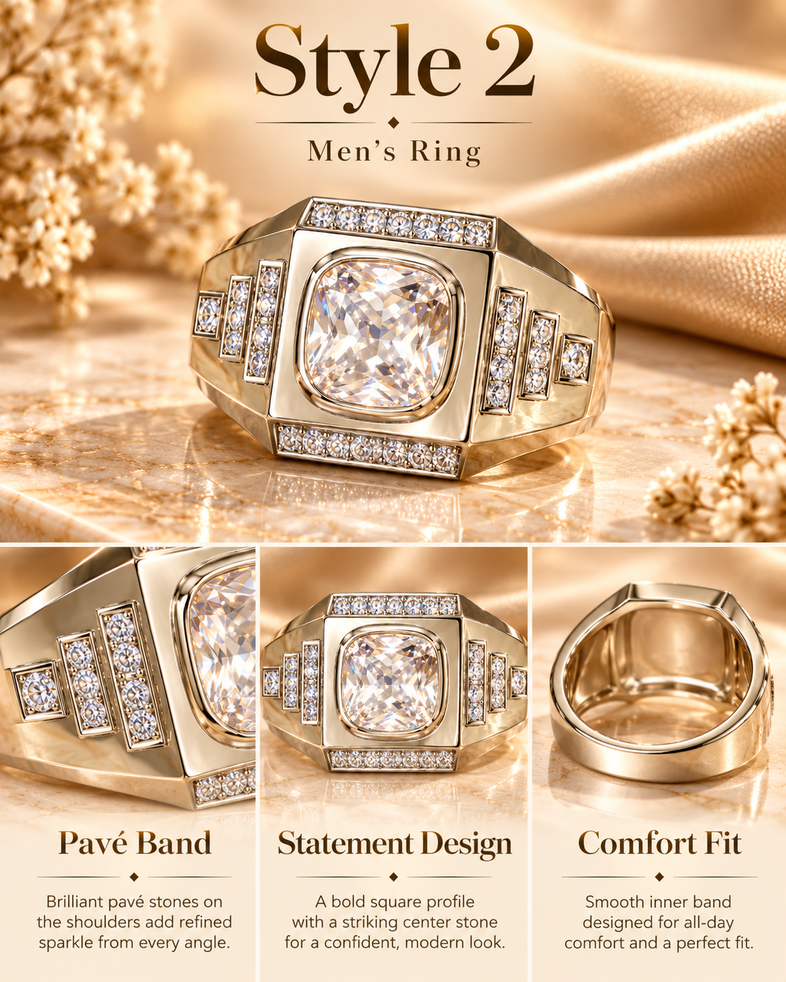 Men’s Gold Signet Ring, Bold Cushion Cut Statement Ring for Him