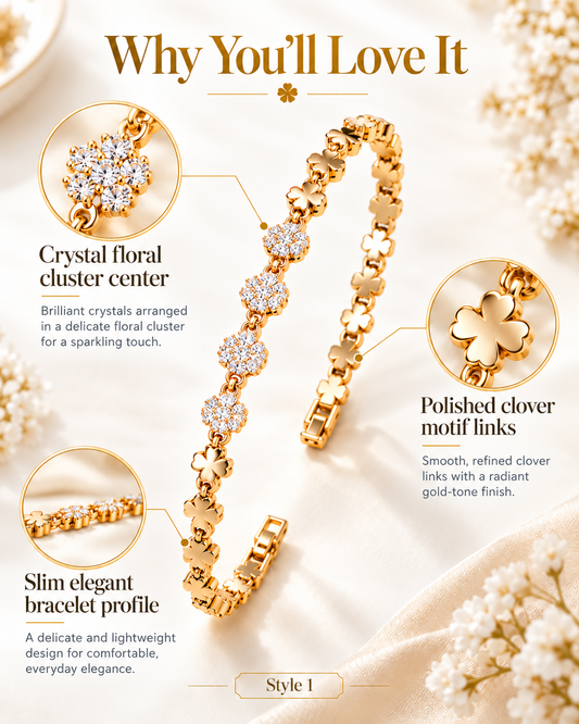 Gold-tone bracelet with clover links and sparkling floral clusters