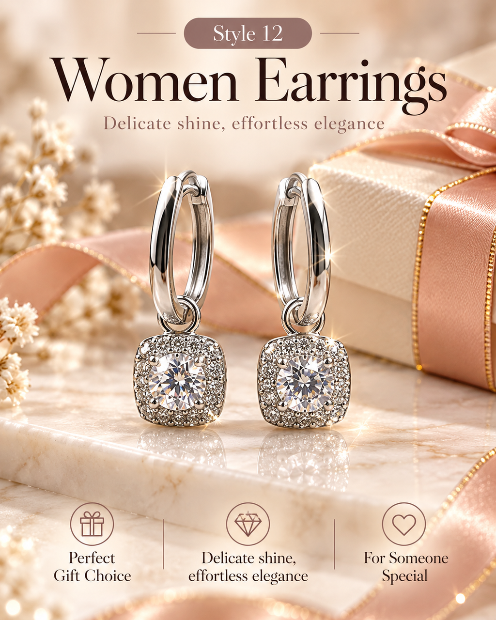 Style 12 – Elegant Silver Tone Sparkling Drop Hoop Earrings