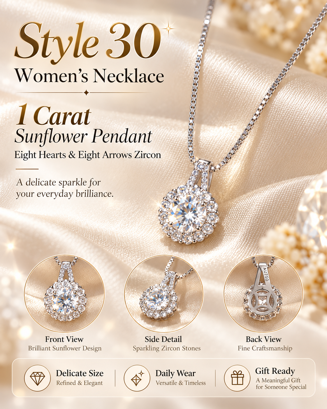Style 30 – Elegant Silver Tone Sunflower Halo Pendant Necklace
