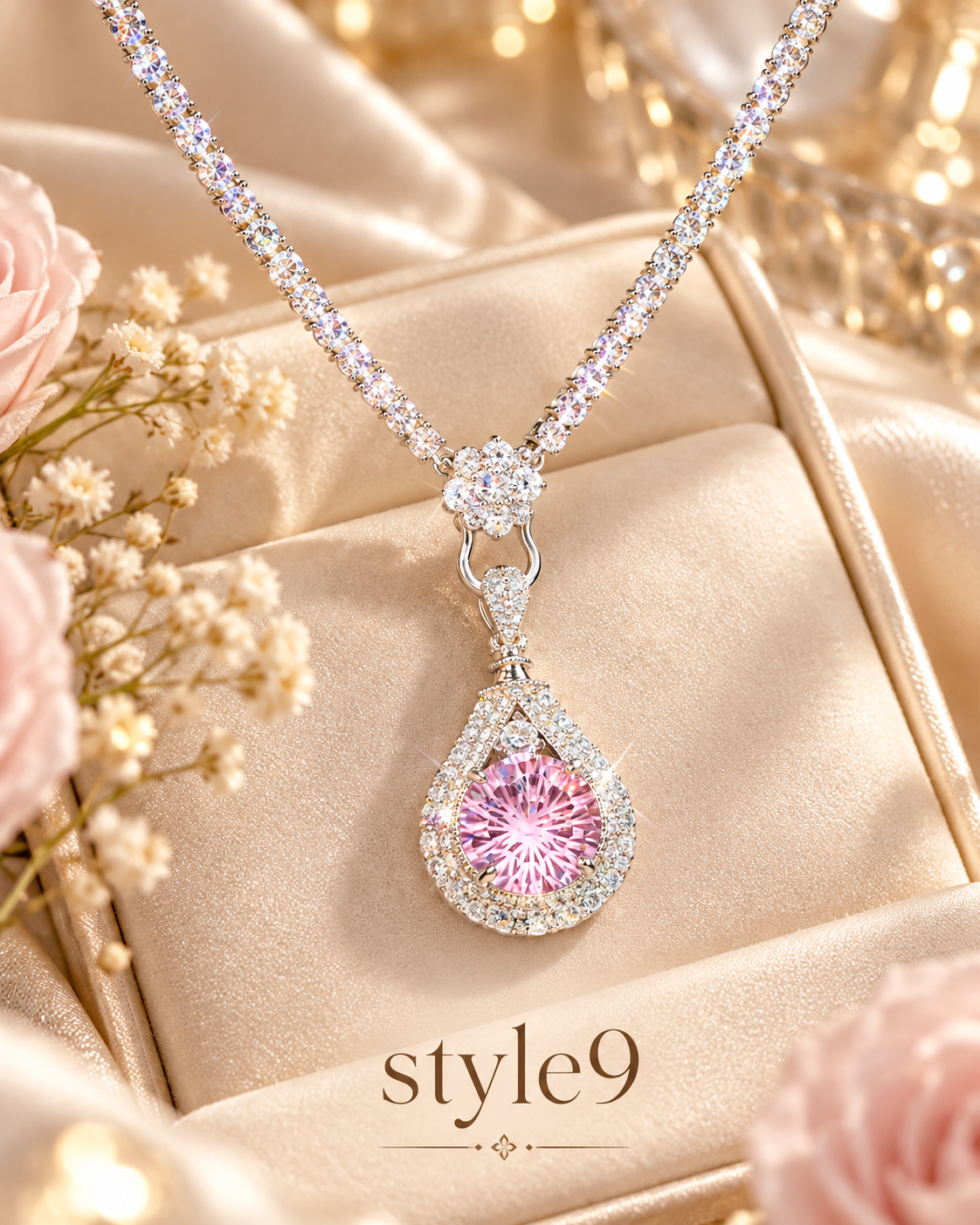 💗 Elegant Pink Teardrop Crystal-Look Necklace – Style 9
