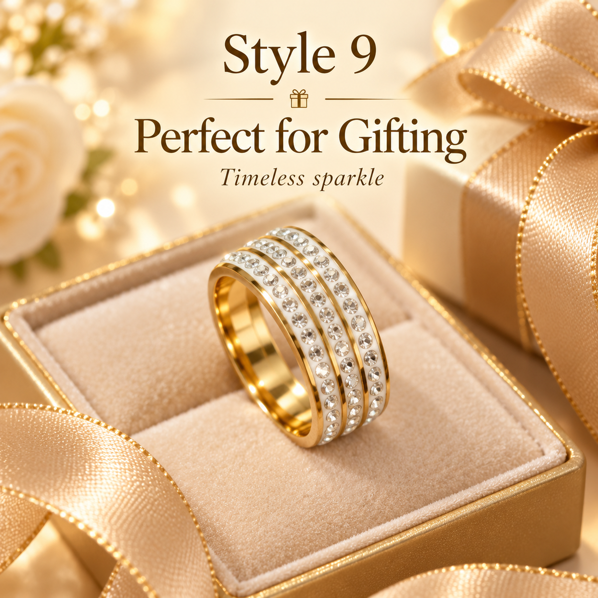 ✨ Style 9 – Women's Elegant Gold-Tone Triple Row Crystal Ring 💍 Sparkling Rhinestone Wide Band Ring 💎 Classic Pavé Statement Jewelry 💖 Luxury Fashion Ring 🎁 Perfect Gift for Her