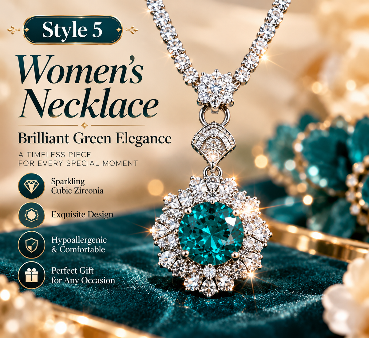 💚 Emerald Green Rhinestone Pendant Necklace for Women – Elegant Sparkly Fashion Jewelry | Style 5