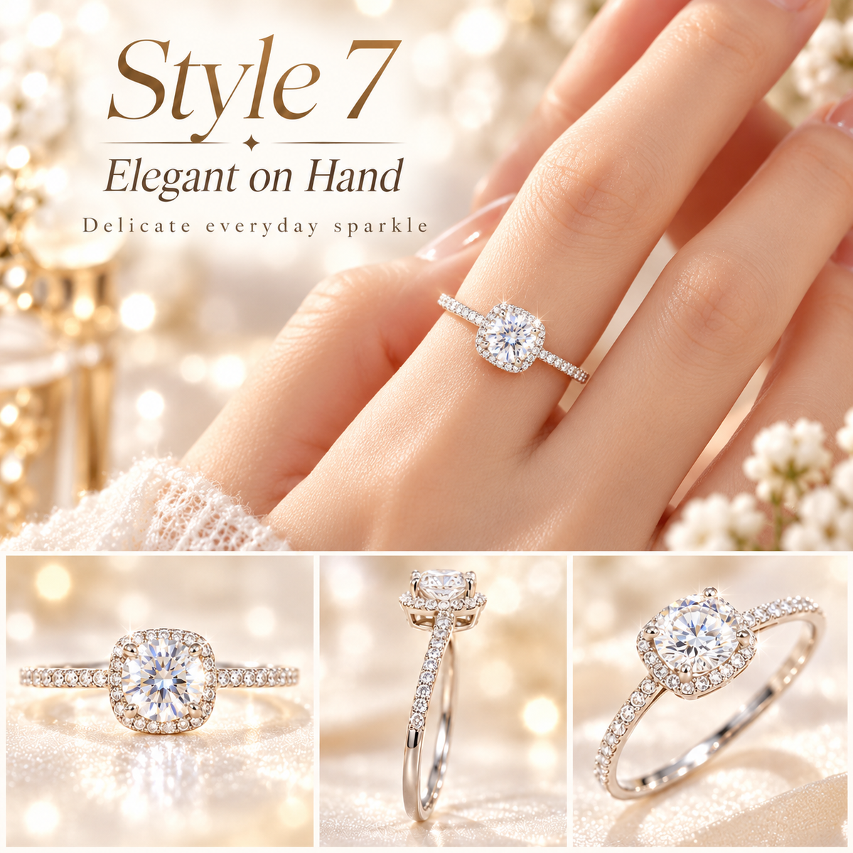 ✨ Style 7 – Women's Elegant Silver-Tone Round Crystal Halo Ring 💍 Sparkling Pavé Band Engagement-Style Ring 💎 Dainty Solitaire Statement Jewelry 💖 Perfect Gift for Her 🎁