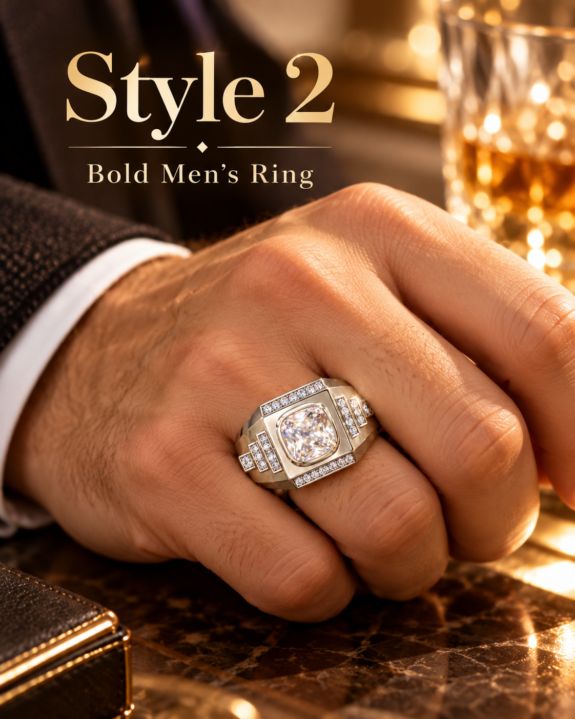 Men’s Gold Signet Ring, Bold Cushion Cut Statement Ring for Him