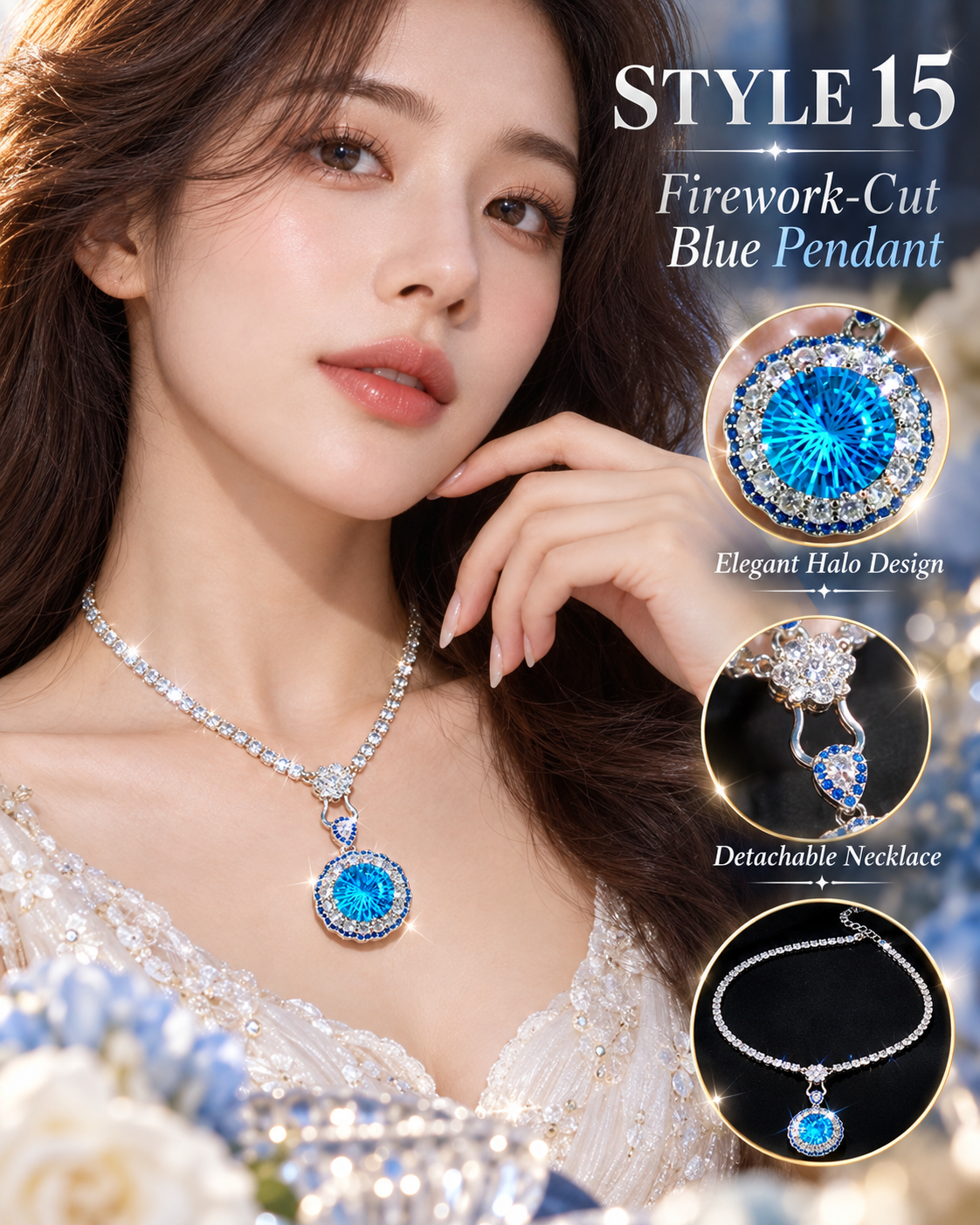 💙 Elegant Ocean Blue Detachable Pendant Necklace – Style 15