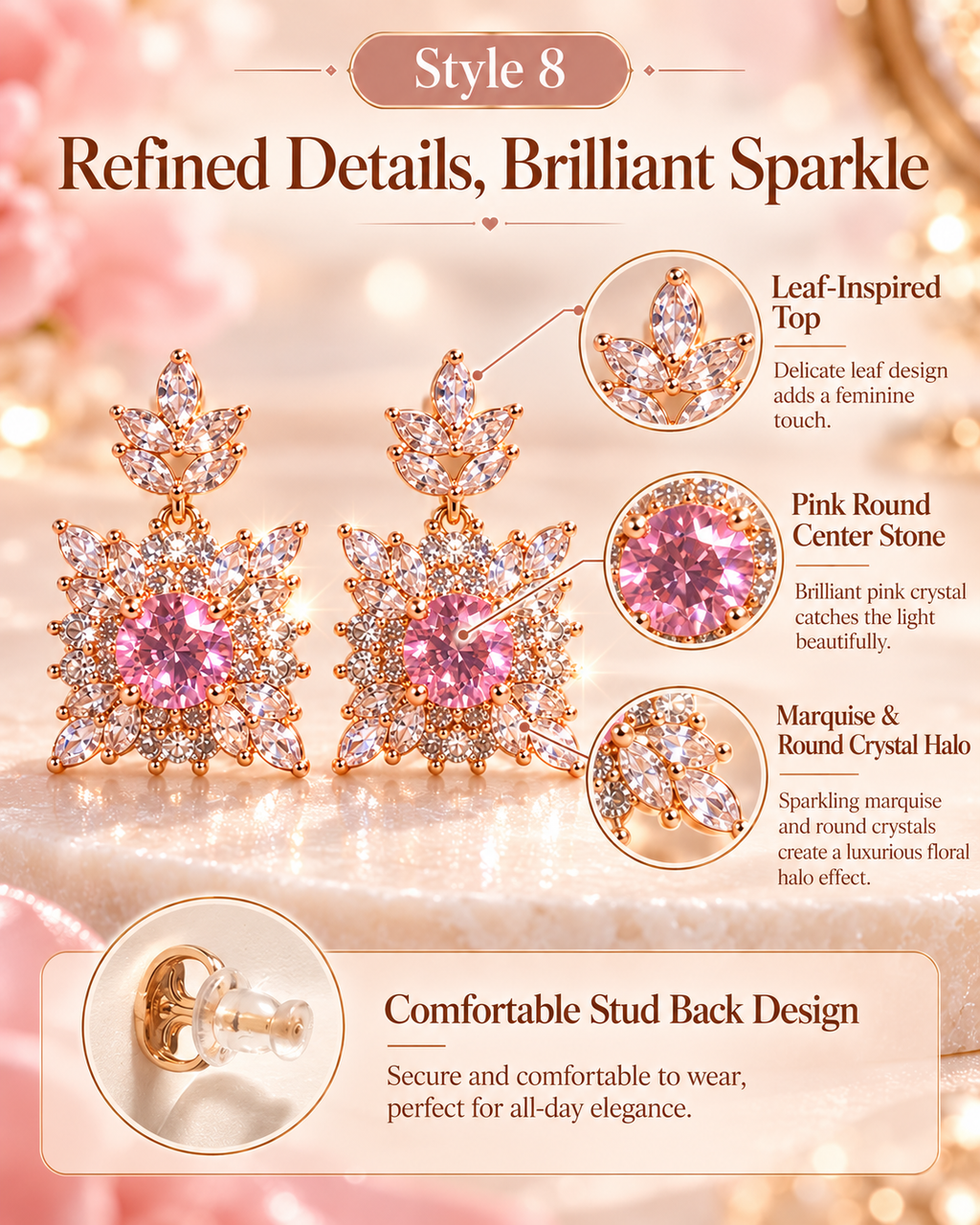 Style 8 – Elegant Pink Floral Crystal-Inspired Drop Earrings