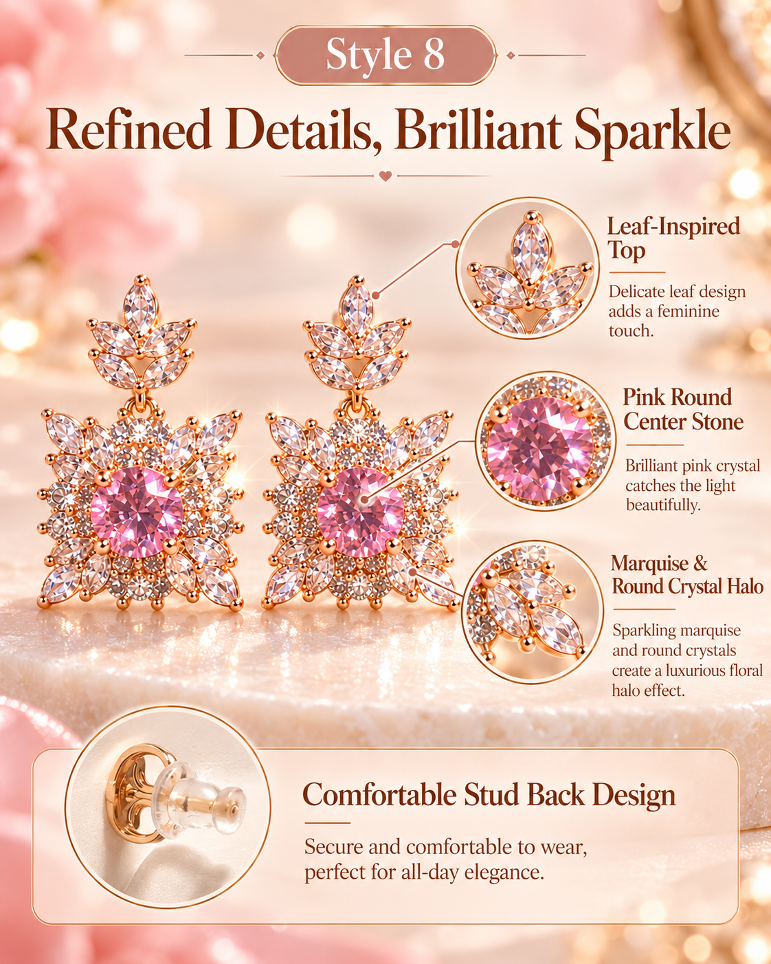 Style 8 – Elegant Pink Floral Crystal-Inspired Drop Earrings