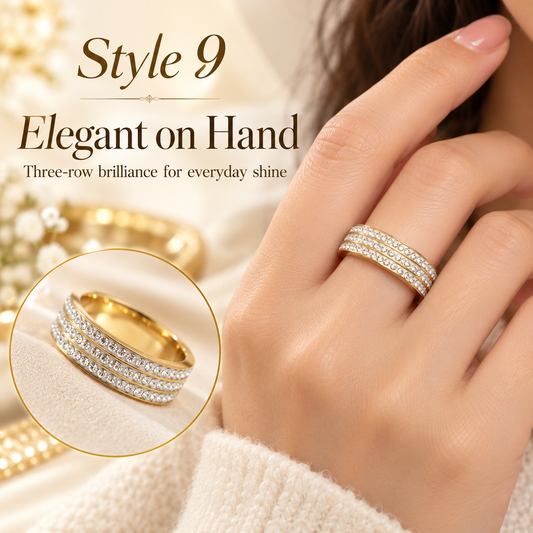 ✨ Style 9 – Women's Elegant Gold-Tone Triple Row Crystal Ring 💍 Sparkling Rhinestone Wide Band Ring 💎 Classic Pavé Statement Jewelry 💖 Luxury Fashion Ring 🎁 Perfect Gift for Her