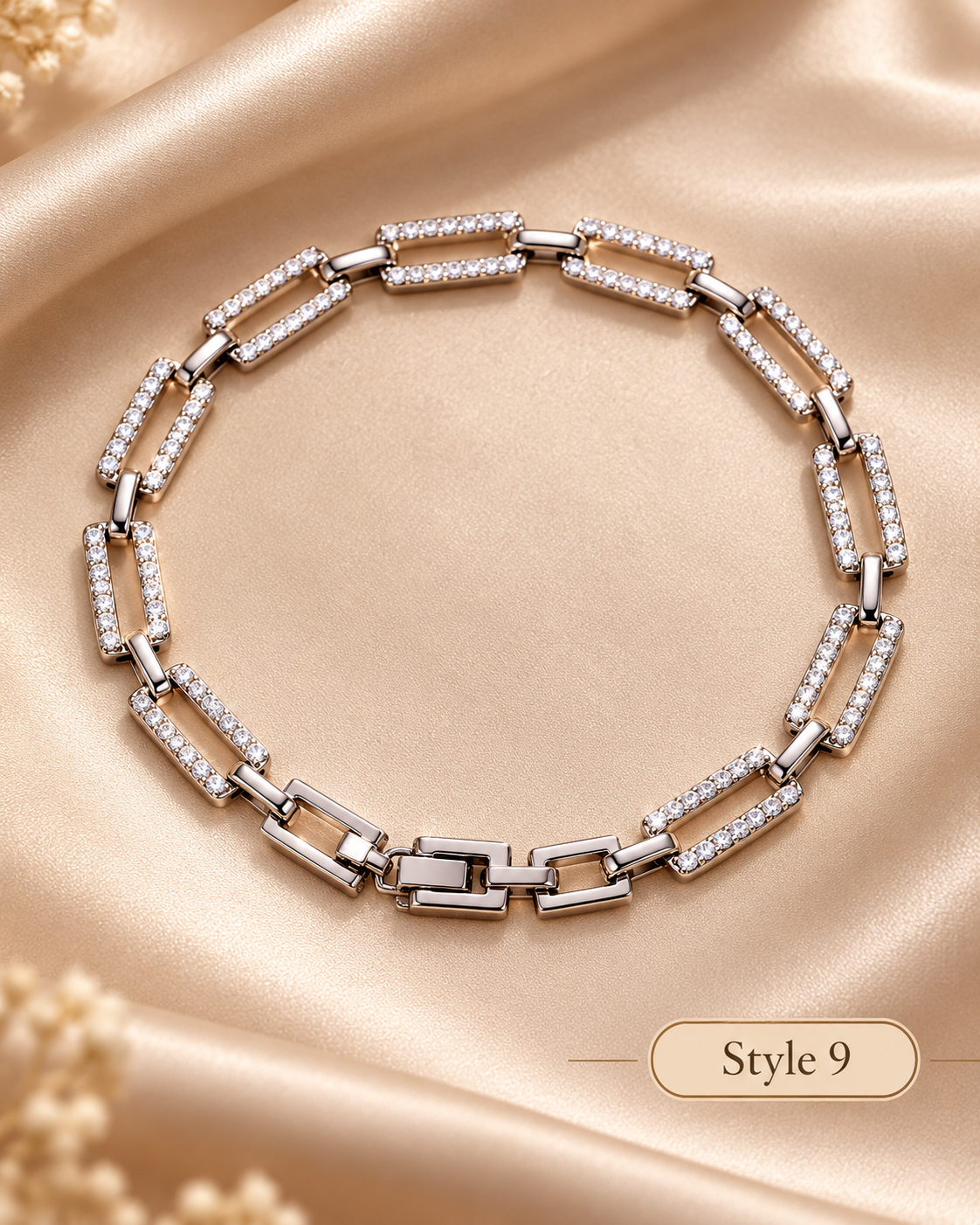 ✨ Style 9 – Women's Elegant Silver-Tone Crystal Rectangle Link Bracelet ✨ Sparkling Rhinestone Geometric Chain Bracelet 💖 Fashion Jewelry 🎁 Gift for Her