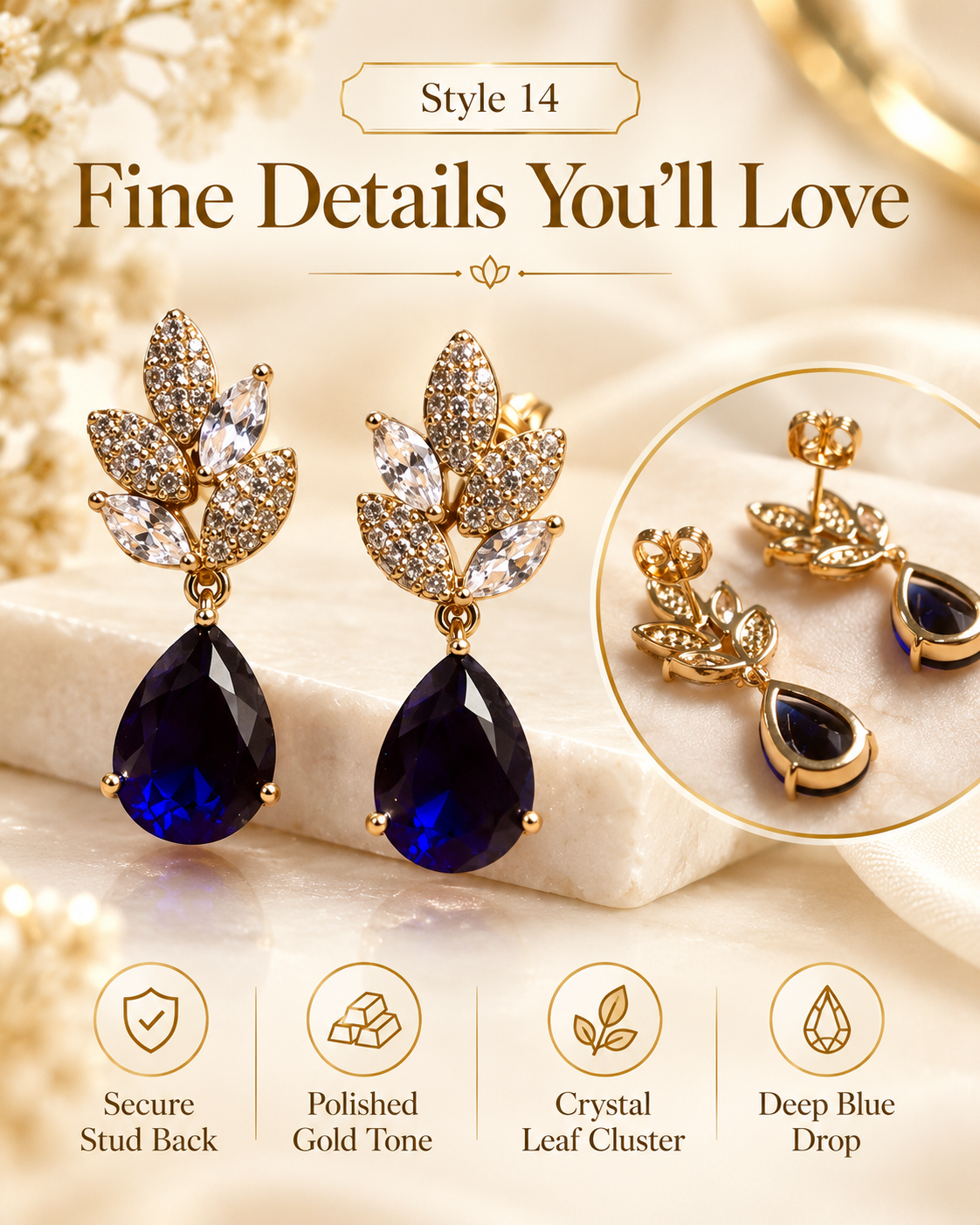 Style 14 – Elegant Royal Blue Teardrop Leaf Earrings