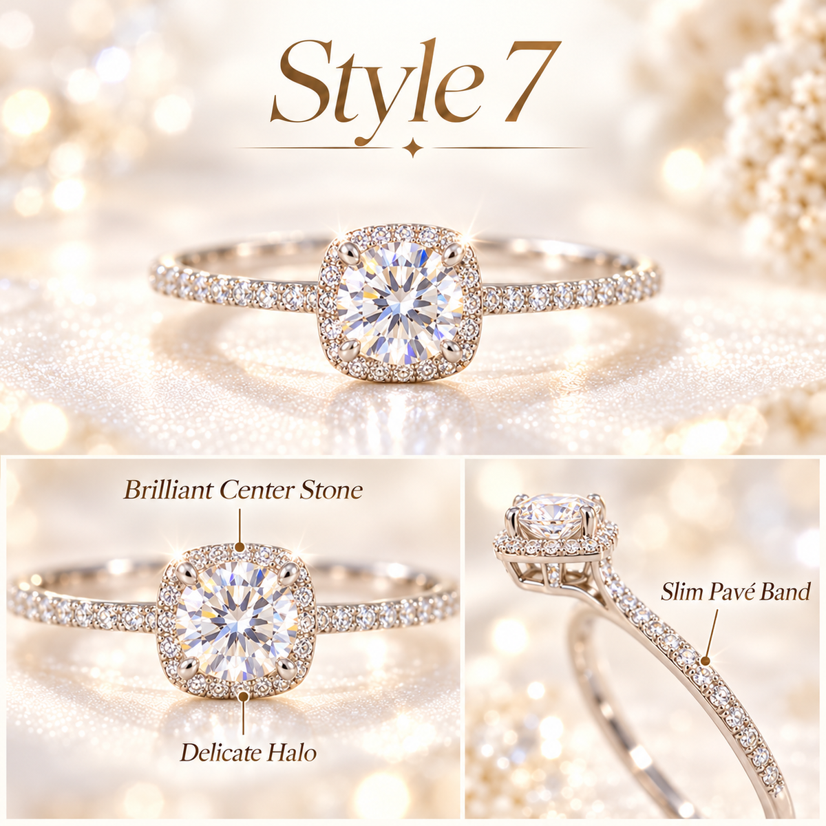 ✨ Style 7 – Women's Elegant Silver-Tone Round Crystal Halo Ring 💍 Sparkling Pavé Band Engagement-Style Ring 💎 Dainty Solitaire Statement Jewelry 💖 Perfect Gift for Her 🎁