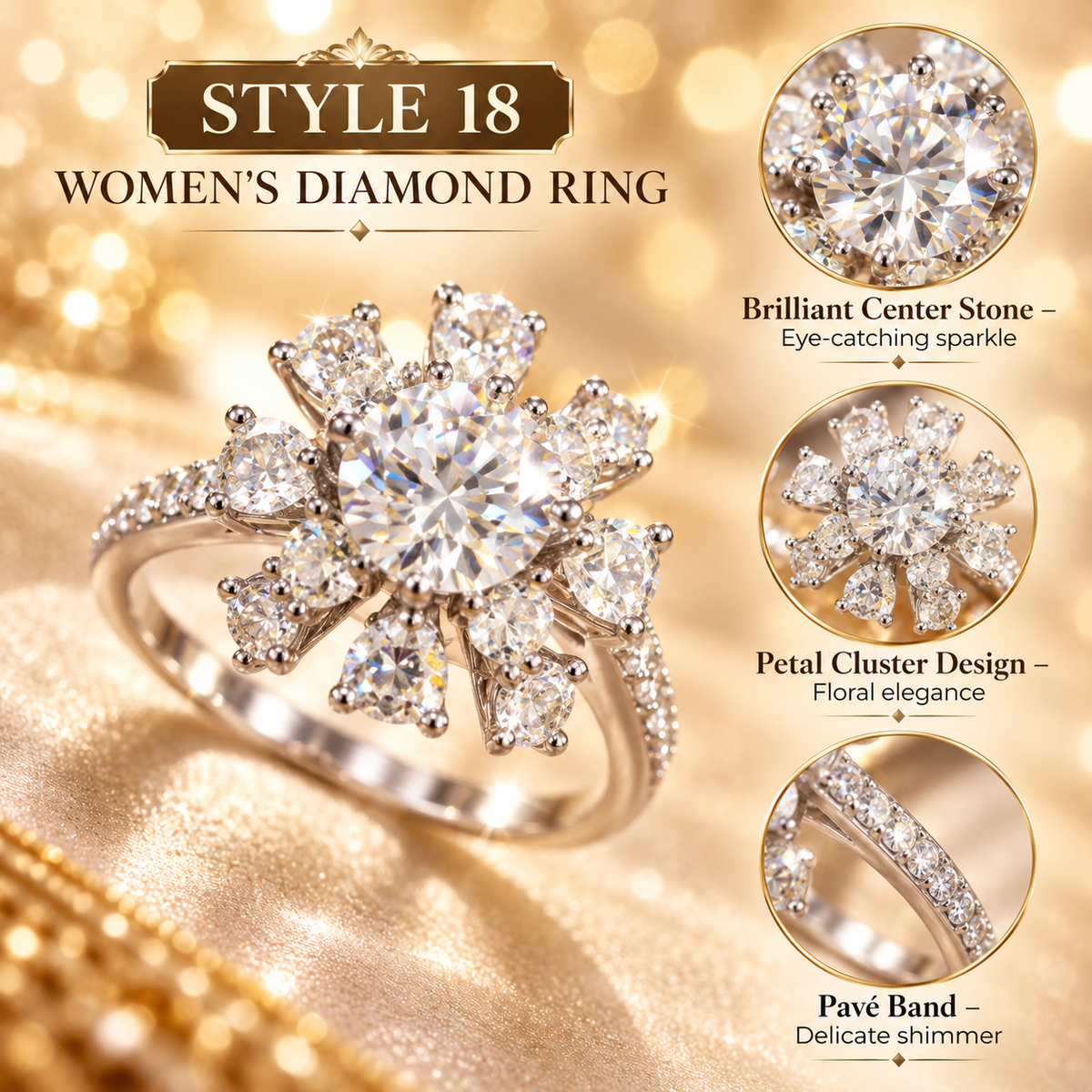 ✨ Style 18 – Women's Elegant Silver-Tone Floral Crystal Ring 💍 Sparkling Round Center Stone Flower Cluster Ring 💎 Petal Design Pavé Rhinestone Band 💖 Luxury Statement Fashion Jewelry 🎁 Perfect Gift for Her