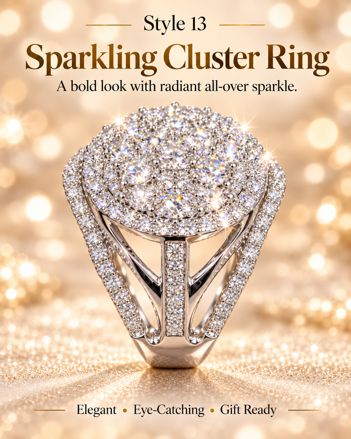✨ Style 13 – Women's Elegant Silver-Tone Round Crystal Cluster Ring 💍 Sparkling Pavé Halo Statement Ring 💎 Wide Split Shank Rhinestone Cocktail Ring 💖 Luxury Fashion Jewelry 🎁 Perfect Gift for Her