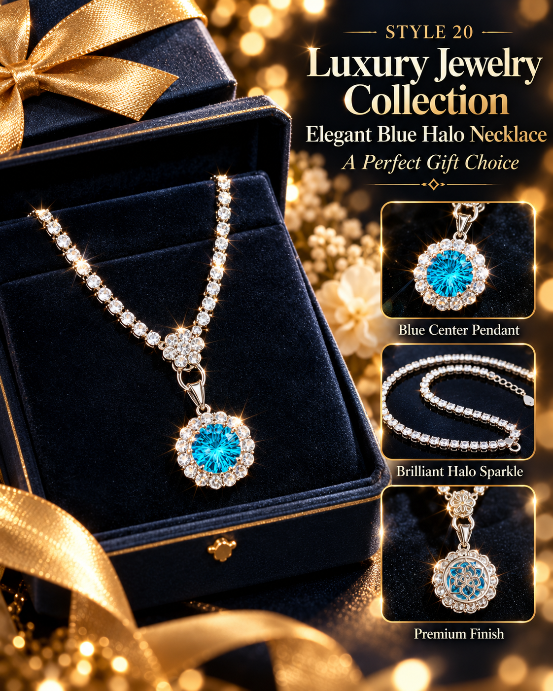💙 Elegant Ocean Blue Floral Halo Pendant Necklace – Style 20
