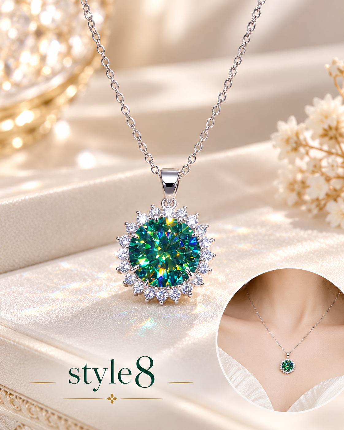 💚 Elegant Emerald Green Round Pendant Necklace – Style 8