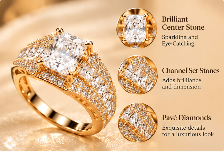 ✨ Style 16 – Women's Elegant Gold-Tone Rectangular Crystal Ring 💍 Sparkling Emerald-Cut Center Stone 💎 Channel-Set Baguette & Pavé Rhinestone Wide Band Statement Ring 💖 Luxury Fashion Jewelry 🎁 Perfect Gift for Her