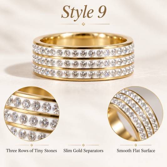 ✨ Style 9 – Women's Elegant Gold-Tone Triple Row Crystal Ring 💍 Sparkling Rhinestone Wide Band Ring 💎 Classic Pavé Statement Jewelry 💖 Luxury Fashion Ring 🎁 Perfect Gift for Her