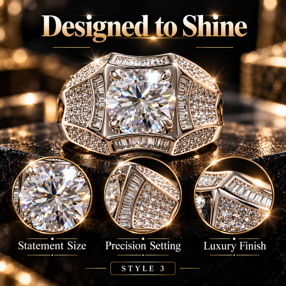 Men's Bold Geometric Crystal Statement Ring