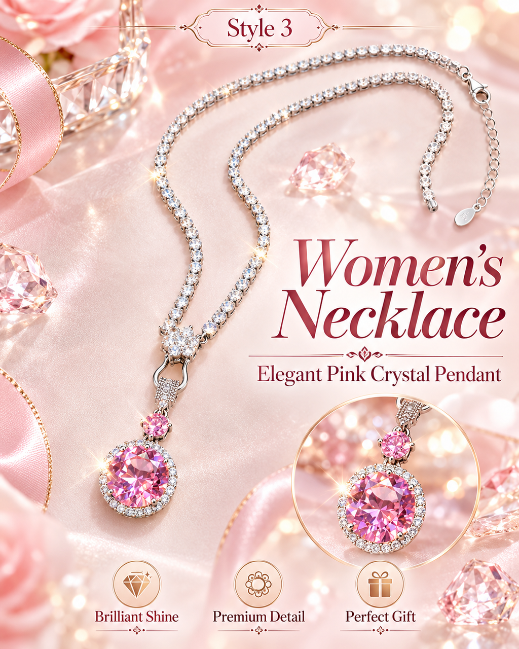 Pink Crystal Pendant Necklace for Women – Elegant Sparkly Fashion Jewelry | Style 3·