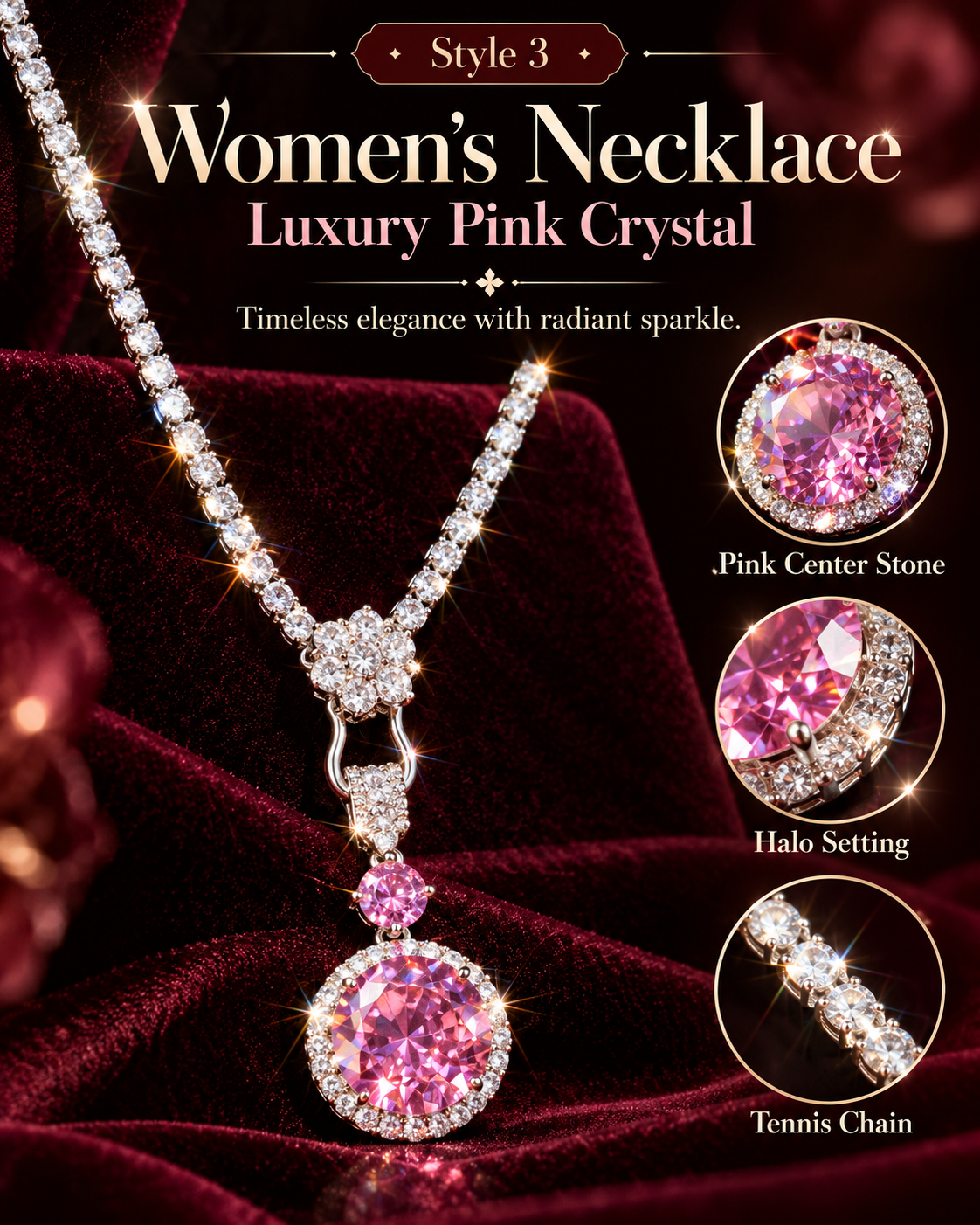 Pink Crystal Pendant Necklace for Women – Elegant Sparkly Fashion Jewelry | Style 3·