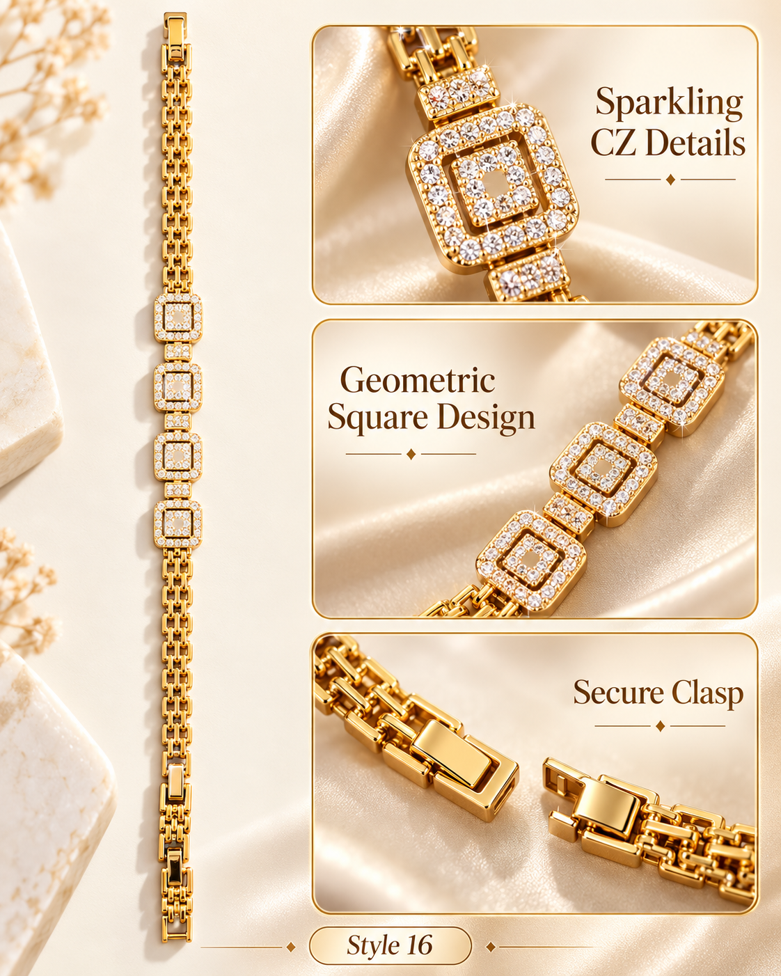 ✨ Style 16 – Women's Elegant Gold-Tone Geometric Crystal Bracelet 💎 Sparkling Square Rhinestone Link Bracelet 💖 Luxury Fashion Jewelry 🎁 Perfect Gift for Her