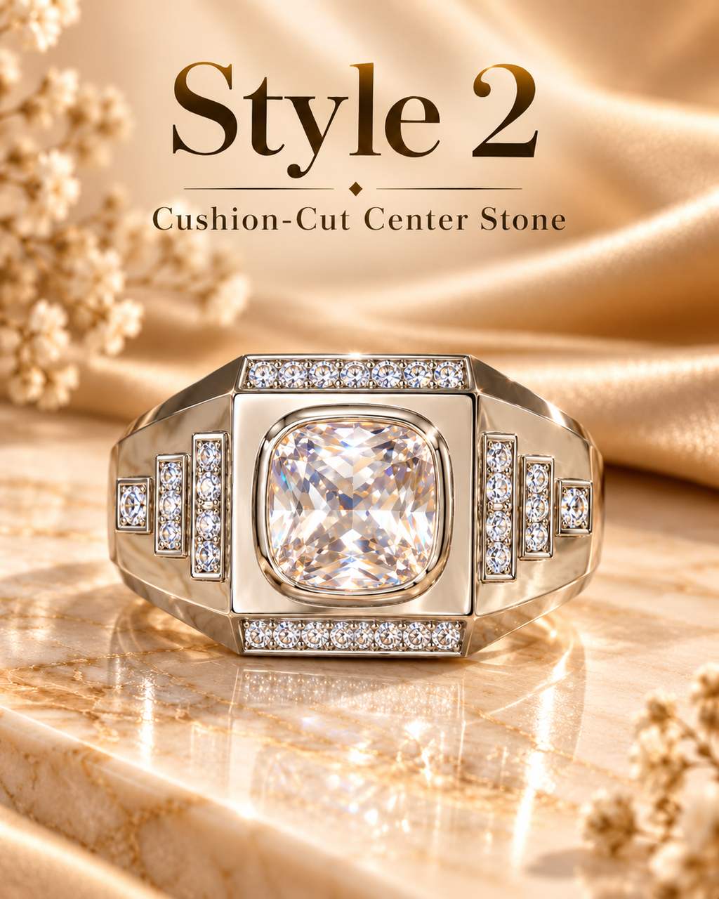 Men’s Gold Signet Ring, Bold Cushion Cut Statement Ring for Him