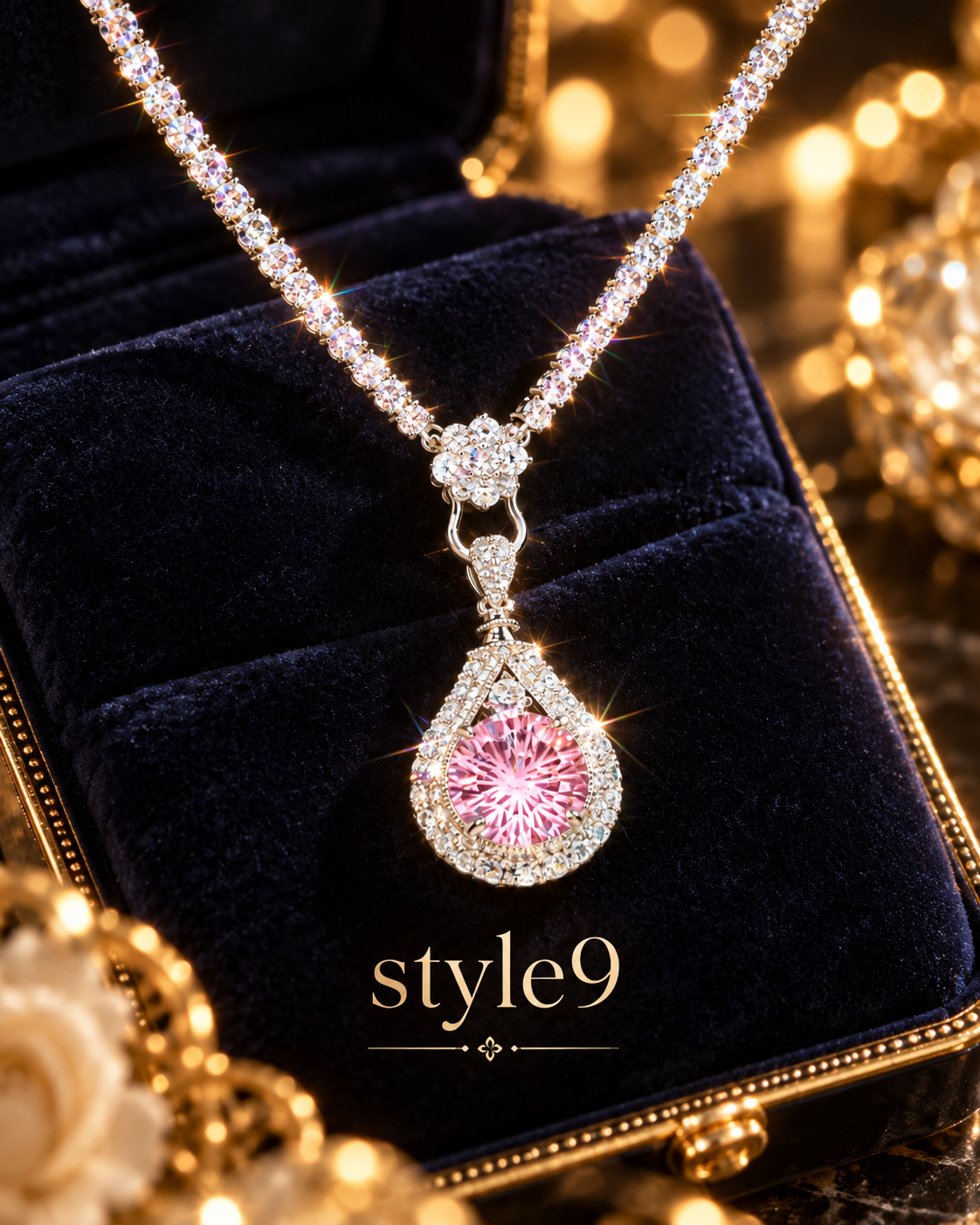 💗 Elegant Pink Teardrop Crystal-Look Necklace – Style 9