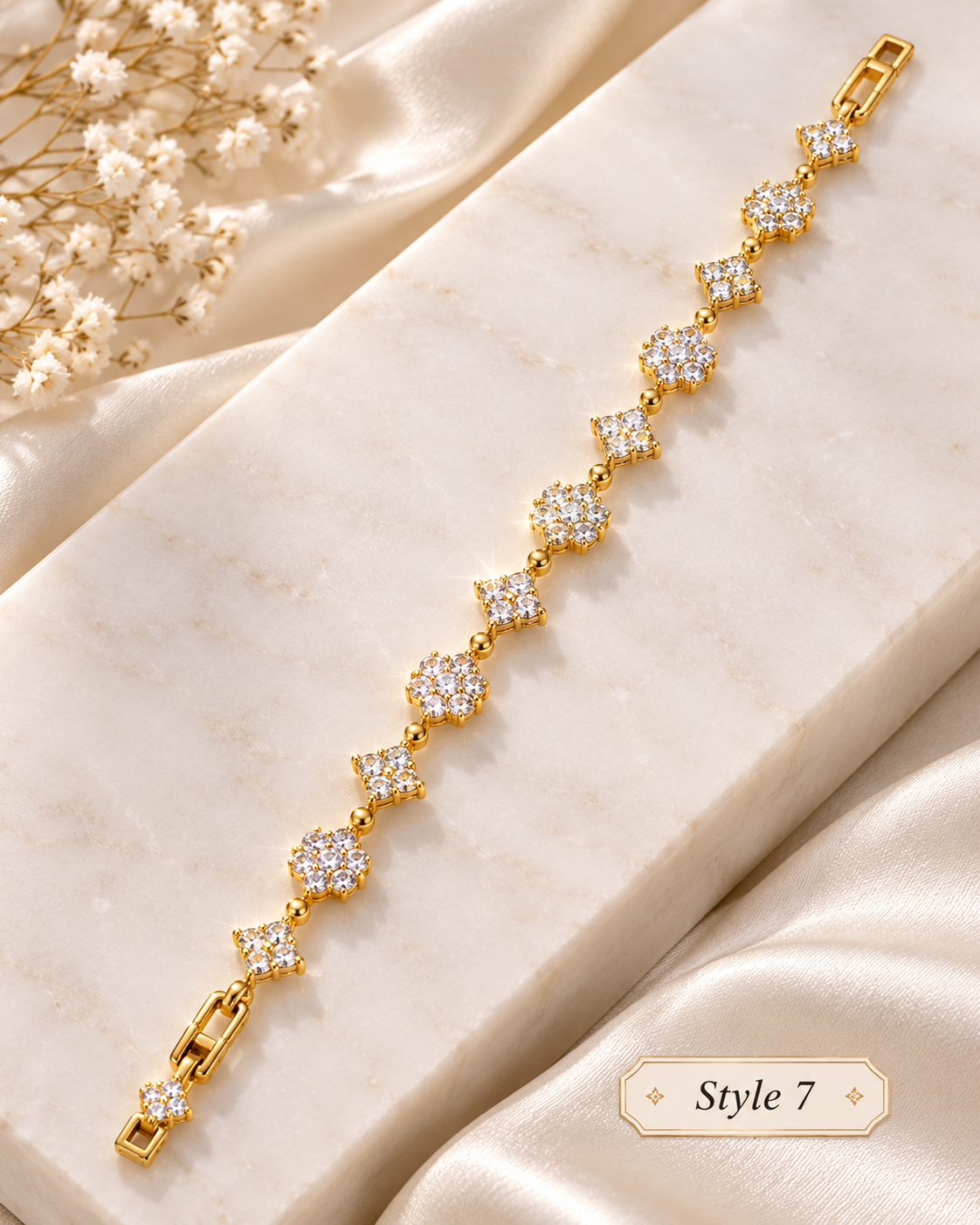 Style 7 – Elegant Gold Tone Flower & Geometric Link Bracelet