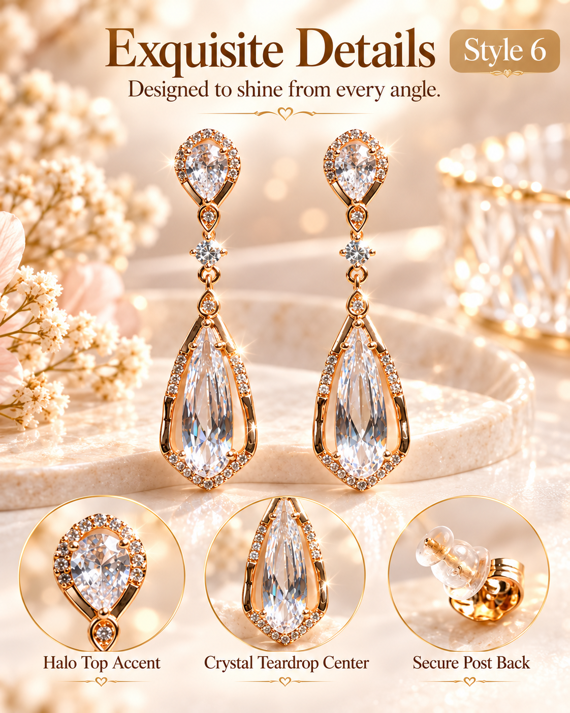 Style 6 – Elegant Gold Tone Crystal Teardrop Earrings