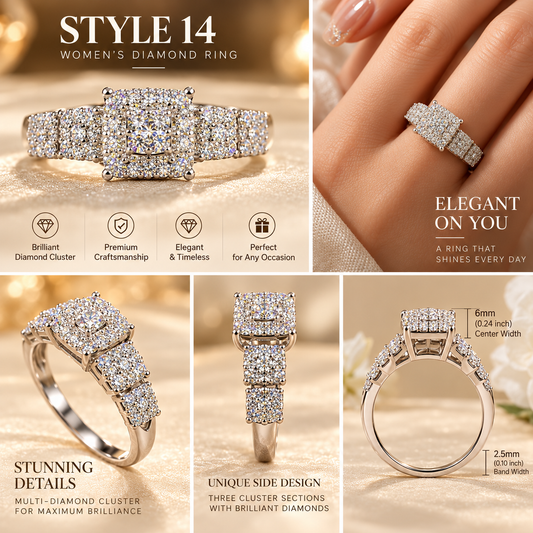 ✨ Style 14 – Women's Elegant Silver-Tone Square Crystal Cluster Ring 💍 Sparkling Multi-Stone Halo Statement Ring 💎 Triple Cluster Rhinestone Band 💖 Luxury Fashion Jewelry 🎁 Perfect Gift for Her